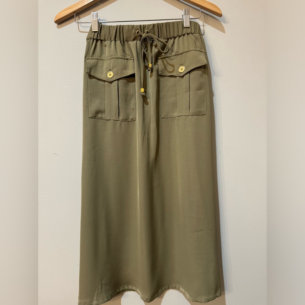 Olive green long skirt, elastic waist